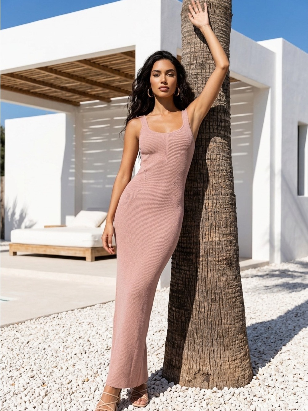 Freshman 1996 Women’s Sleeveless Medium Blush Bodycon Ribbed Maxi Dress EUC
